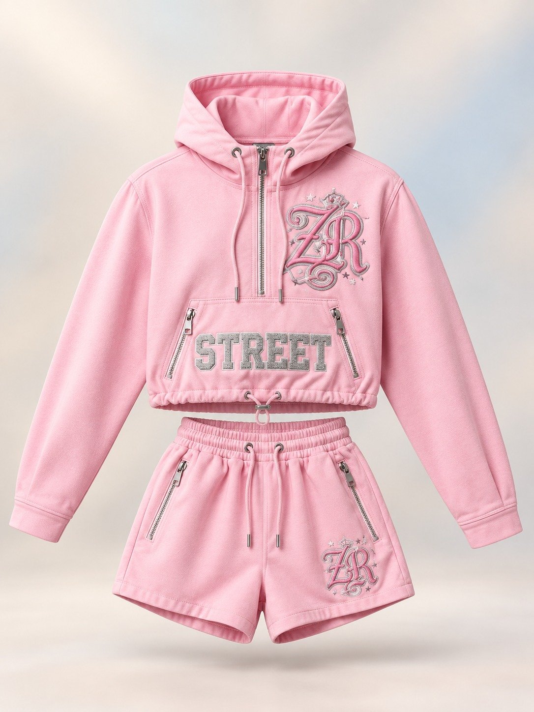 Wind Breaker set in fleece with rhinestones and embroidery