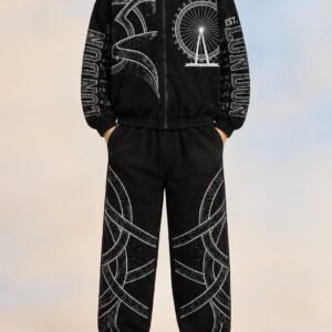 Fleece tracksuit in streetwear style with rhinestones and embroidery on it