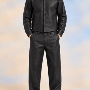 Long sleeve leather shirt jacket with matching straight leg leather trouser