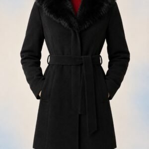 Suede leather long coat with cat fur on collar