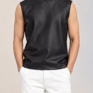 Leather sleeve less shirt with embroidered numbering on back